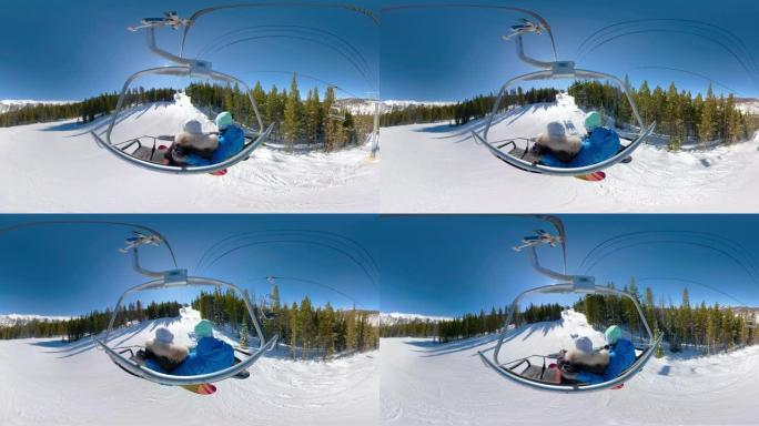 360VR: 年轻的滑雪者乘坐升降椅，观察令人惊叹的大自然。