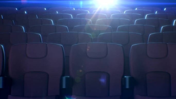 电影院大厅里一排排红色椅子，背景闪烁着电影放映机灯。电影院红色座位的3d动画。艺术和媒体概念。