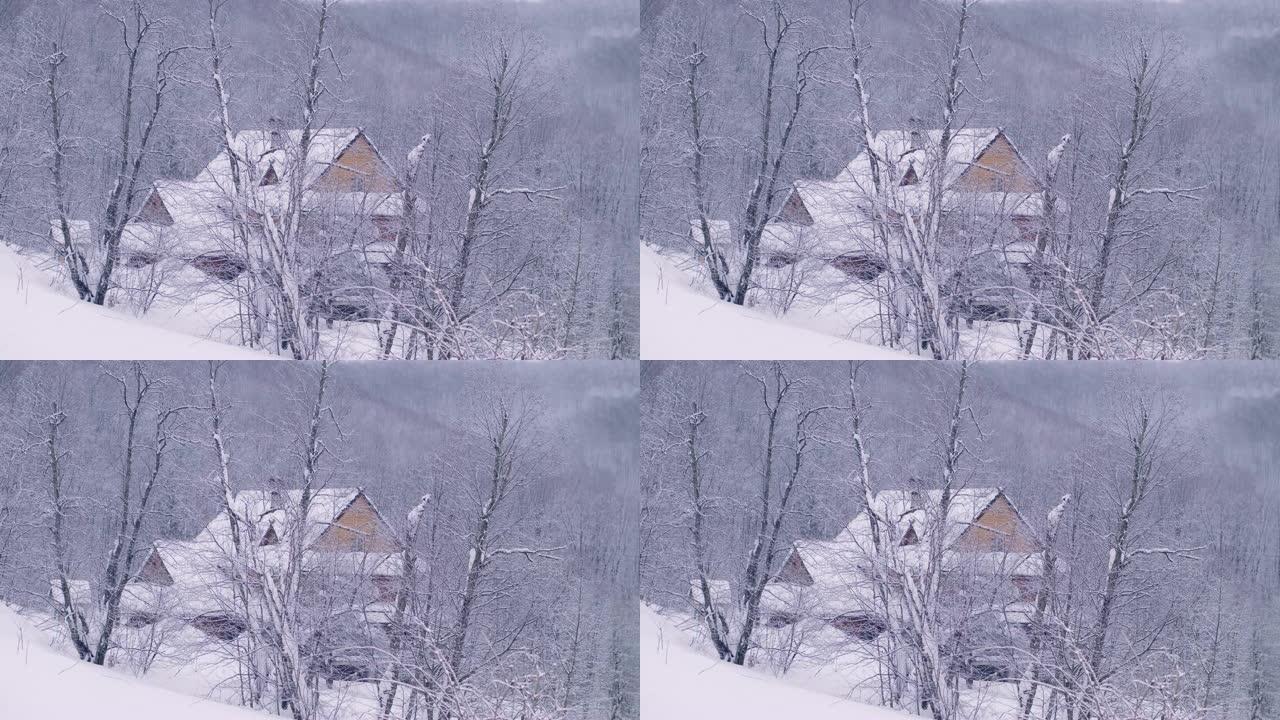 冬季仙境。雪山景观。避难所建筑