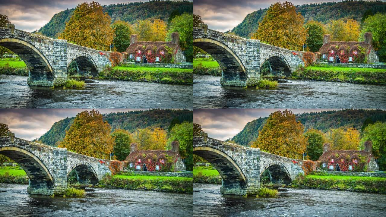 英国威尔士的旧石桥和小屋