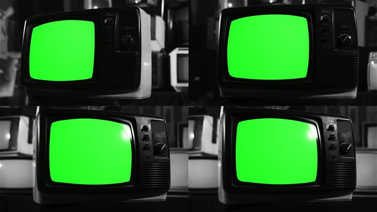 80年代绿屏电视。平行多莉射击。黑色音调。