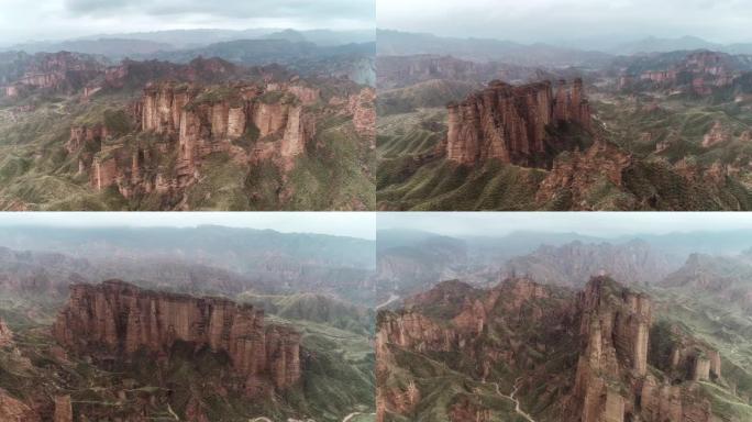 甘肃鸟瞰图荒山峡谷航拍奇峰怪石雅丹地貌