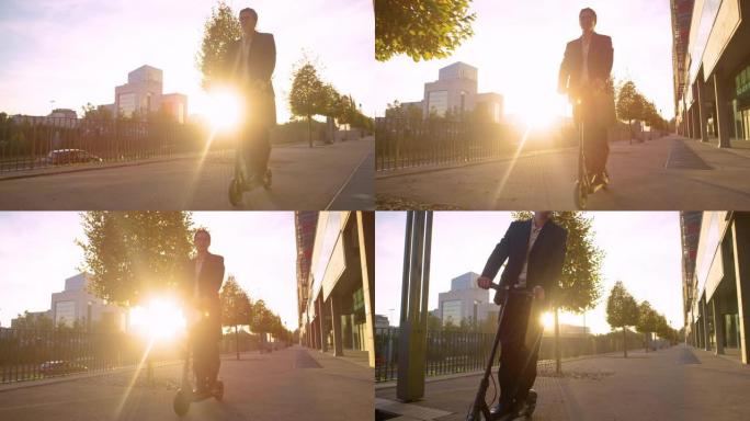 镜头耀斑: 微笑的商人在阳光明媚的早晨骑着电动踏板车上班。
