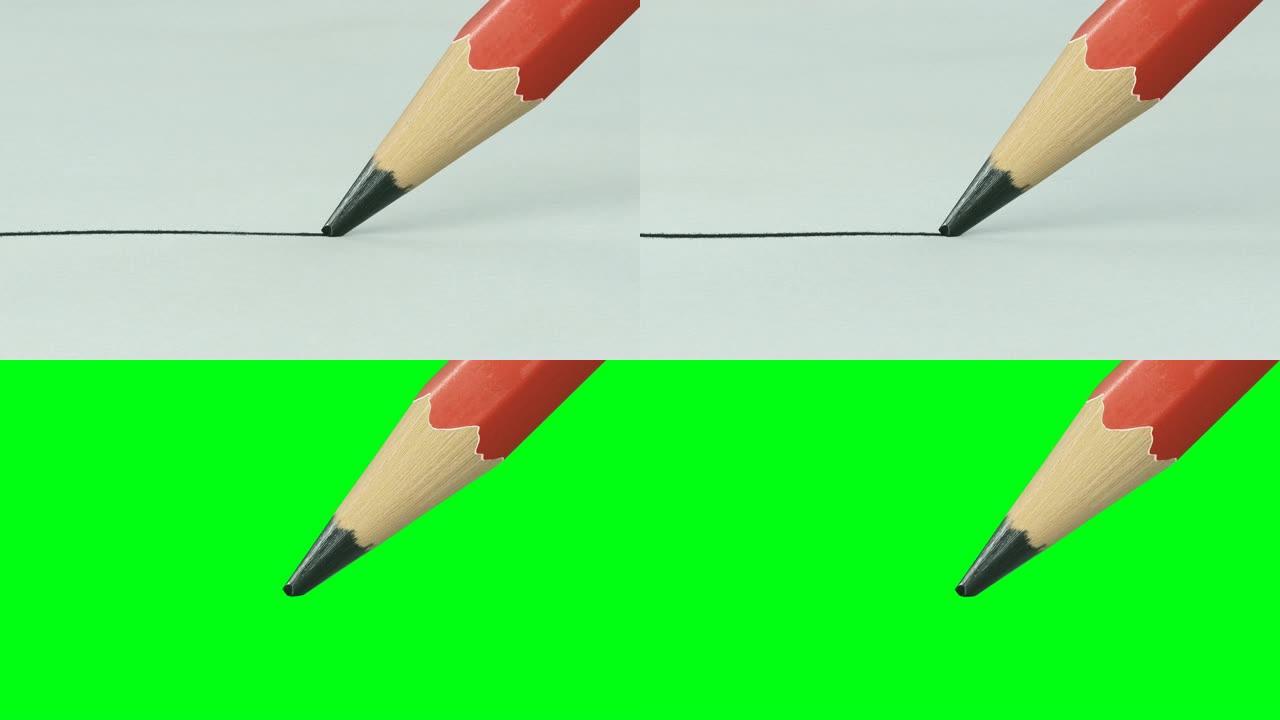 美丽的木制铅笔画线在纸上特写。循环3d动画绿屏阿尔法面具。抽象的写作和绘画过程。艺术和设计概念。