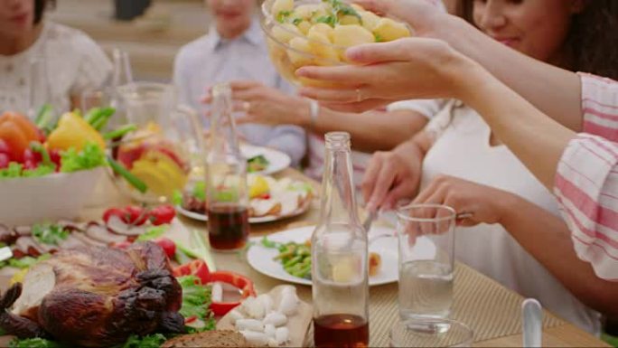 在花园派对庆祝活动中，家人和朋友互相传递菜肴，吃喝玩乐。专注于这道菜。