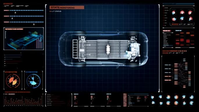 数字未来派显示界面中的充电电子，混合动力，锂离子电池回声汽车。侧顶视图，环保未来车。4k电影2。