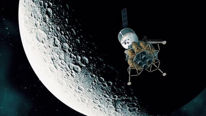 月球背景上的行星际空间站。4K。