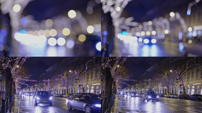 匈牙利布达佩斯夜间城市街道两旁的MS照明树木