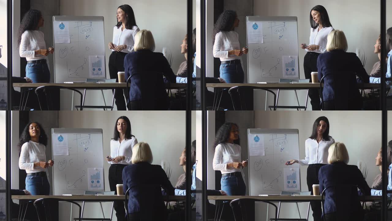积极进取的千禧一代多种族女企业家向同事展示项目创意。