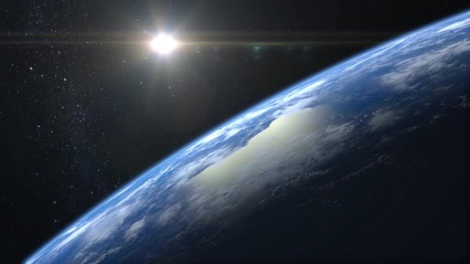 地球。从太空看。摄像机正在接近地球。地平线向左转。星星闪烁。4K.逼真的氛围。3D体积云。太阳在框架