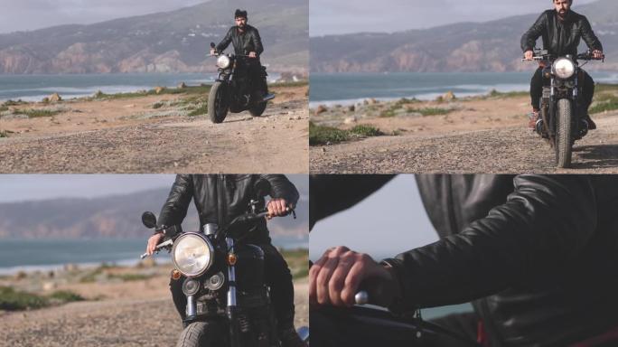英俊的骑自行车的人骑着经典的摩托车在海边