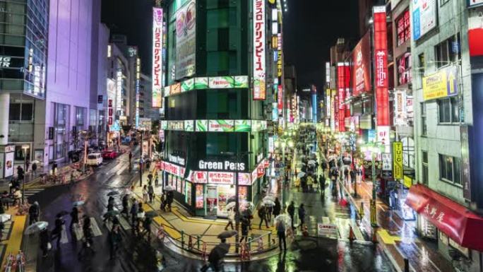 日本东京市新宿区夜间步行在购物霓虹灯街上的人群的时间流逝