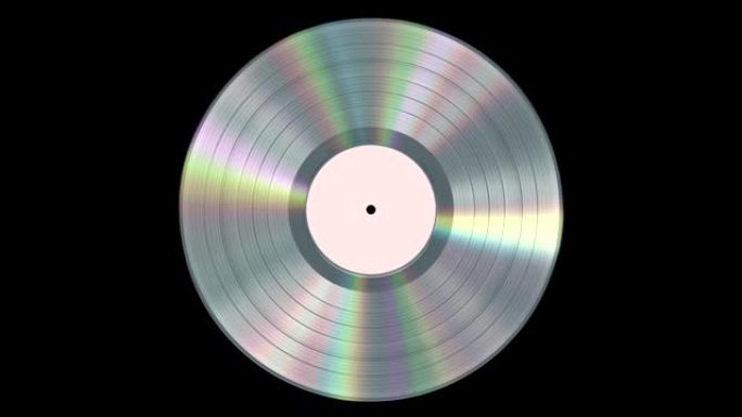 黑色背景上带有阿尔法通道的虹彩逼真白金乙烯基唱片。无缝循环。4K。