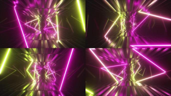3d渲染，抽象金属纹理虚拟现实隧道。未来运动图形。紫外线霓虹灯发光，荧光灯。向前飞行走廊。无缝循环4