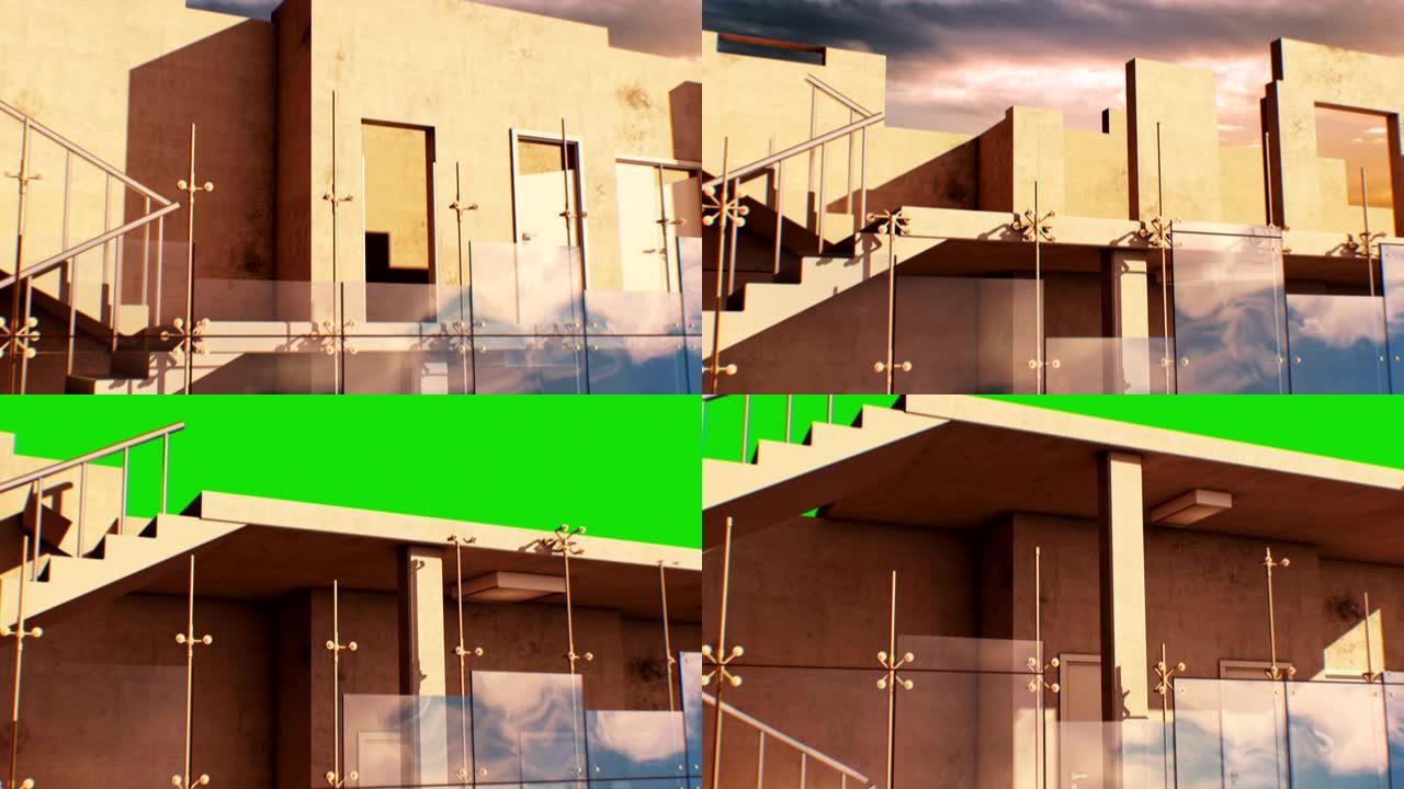 摩天大楼的美丽过程无缝。延时抽象成长建筑的循环3d动画。建设和技术概念。
