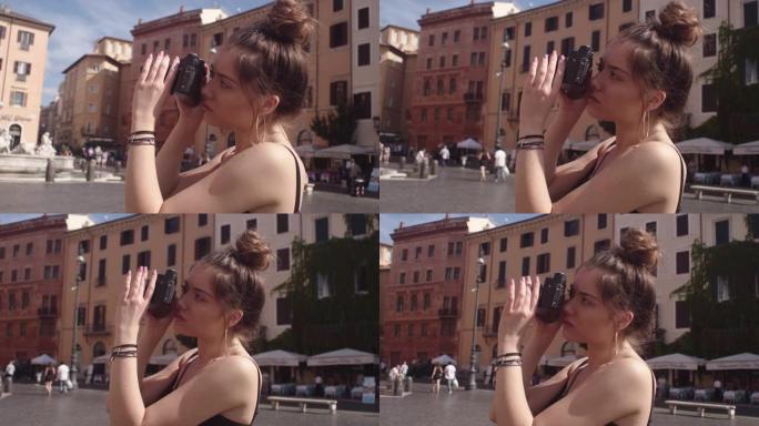 女孩在城市拍照特写女人摄影师