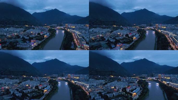 晚上山上的小城市自然风光视频素材水面江畔