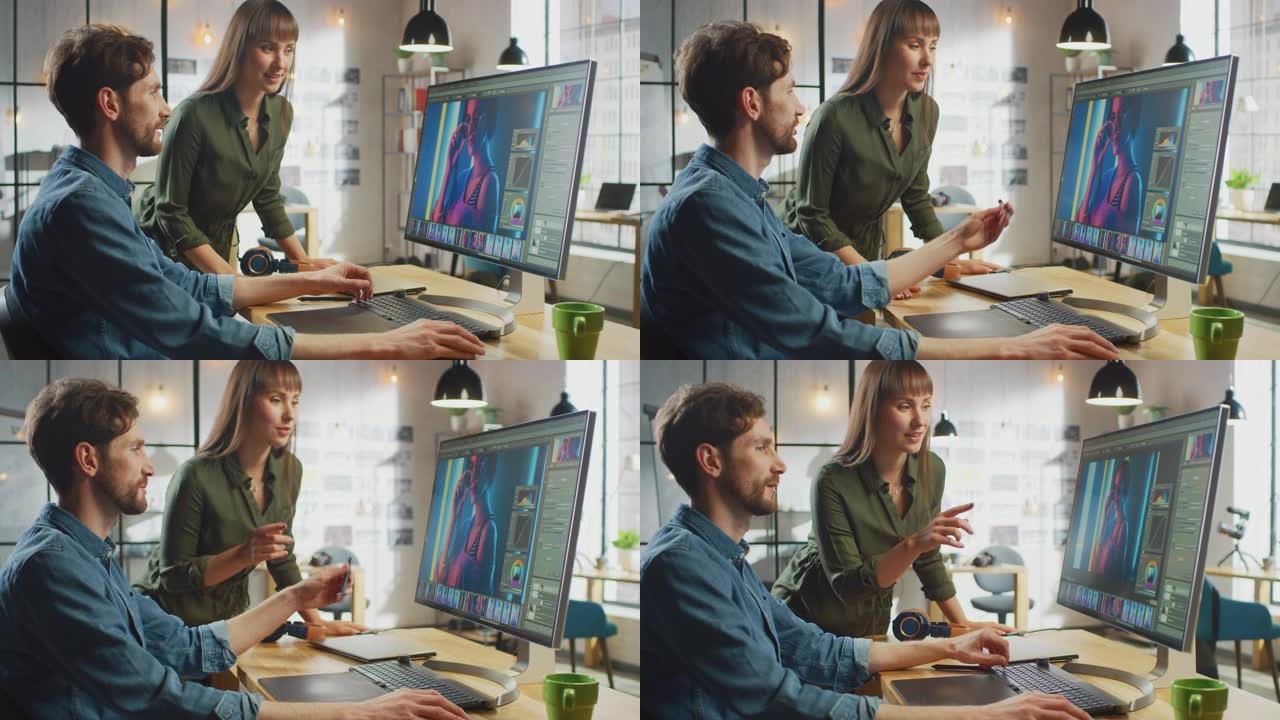 女艺术总监咨询设计师同事，他们在照片编辑软件中处理肖像。他们在凉爽的办公室阁楼里工作。它们看起来非常