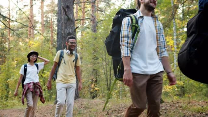 快乐的青年徒步旅行者带着背包走在森林里微笑着在夏天旅行