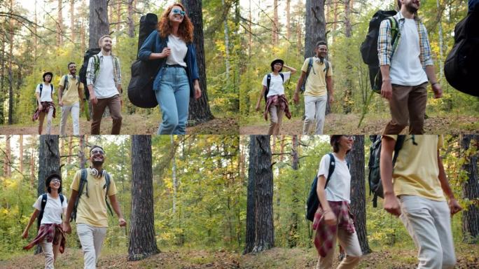 快乐的青年徒步旅行者带着背包走在森林里微笑着在夏天旅行