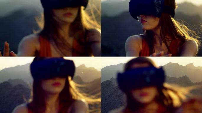 戴着虚拟现实眼镜的年轻女子欣赏美景