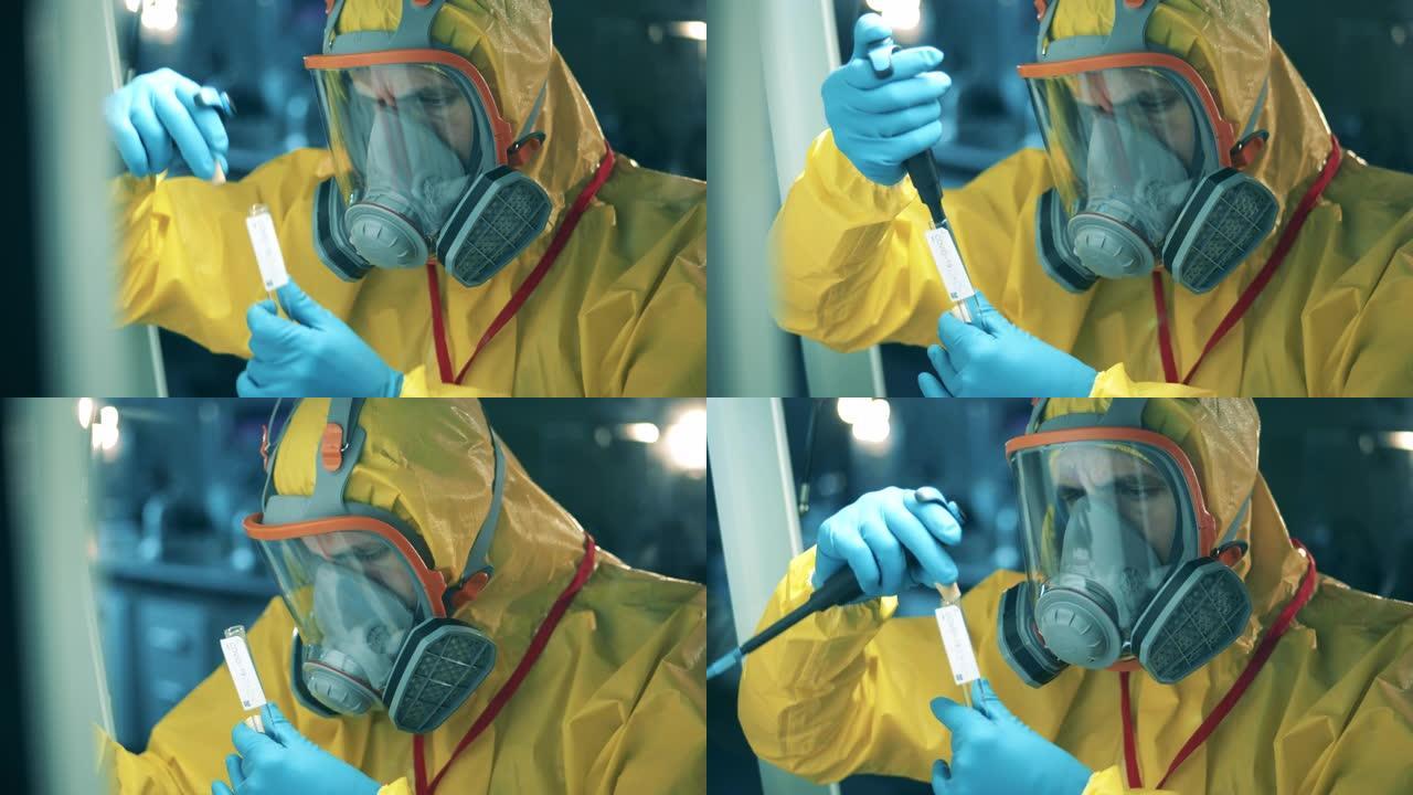 男性工人在实验室开发新型冠状病毒肺炎疫苗。新型冠状病毒肺炎疫苗检测概念，抗体研究。