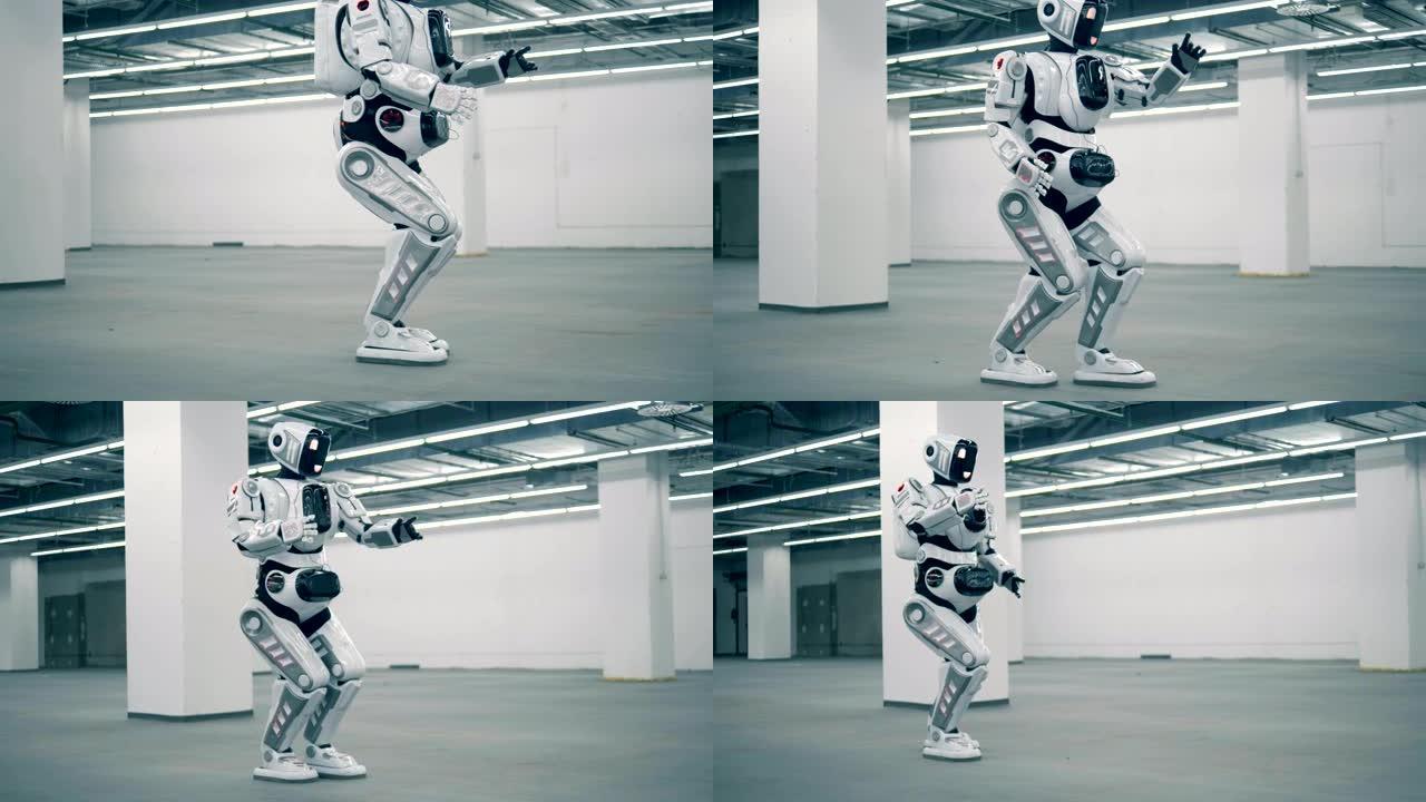 机器人向后走，跳舞，特写。