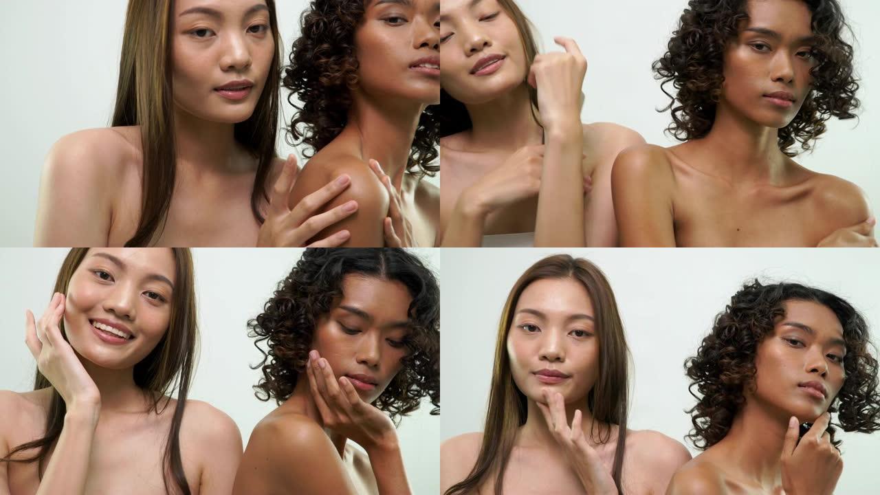 非洲和亚洲妇女摩擦皮肤与美丽的皮肤护理产品在白色的背景。