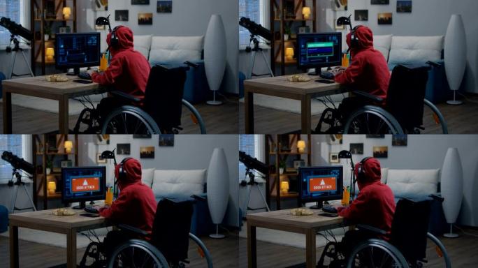 残疾男孩在他的计算机上进行黑客攻击