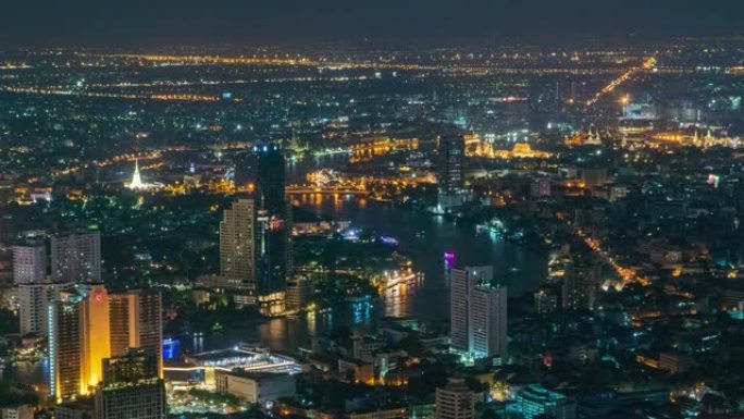 时间流逝和中等拍摄: 曼谷城市景观和湄南河在夜间。