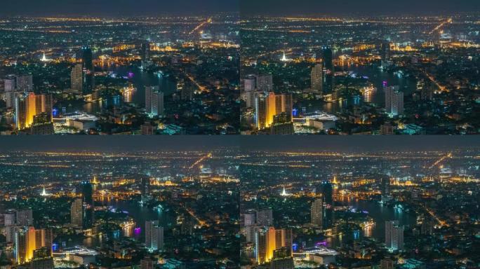 时间流逝和中等拍摄: 曼谷城市景观和湄南河在夜间。