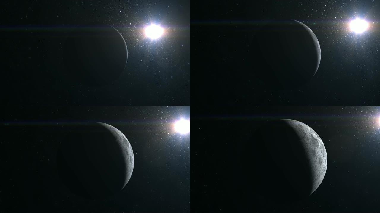 接近月球。相机绕着月球飞行。从太空看。星星闪烁。4K。