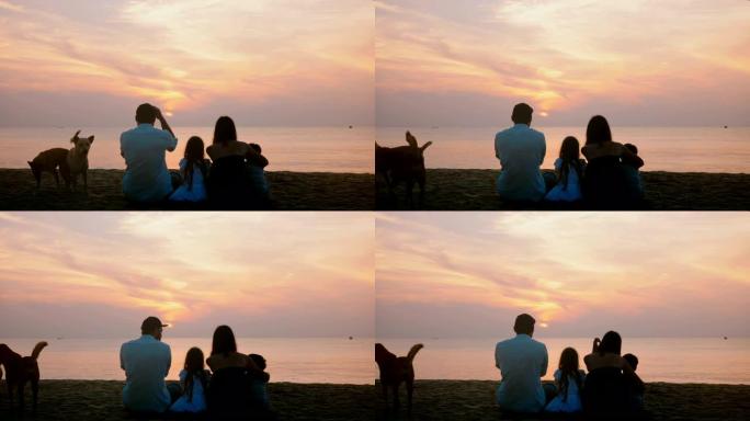 幸福家庭的美丽后景照片坐在一起在史诗般的海滩上观看令人惊叹的日落，两只狗在旁边玩耍。