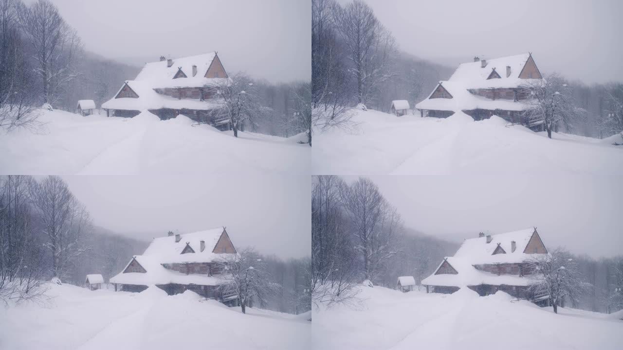 冬季仙境。雪山景观。避难所建筑