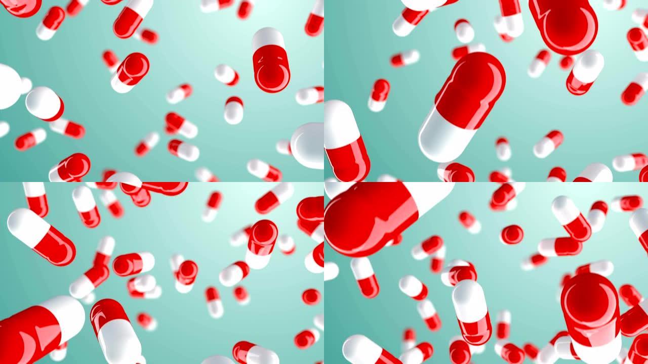 美丽的胶囊药丸无缝下落。毒品的循环3d动画落在浅色背景上。医药和医药商业概念。