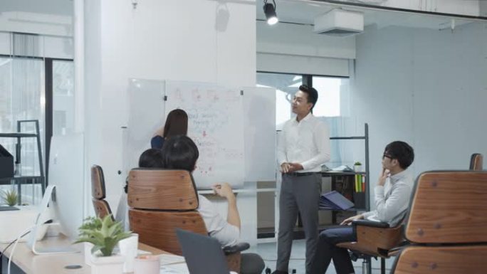 4K UHD: 亚洲员工干事小组在办公室开会和集思广益。