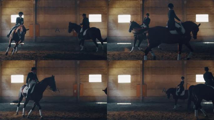 穿着专业服装的年轻马术大师的电影慢动作正在骑马大厅练习赛马和盛装舞步比赛的情侣练习
