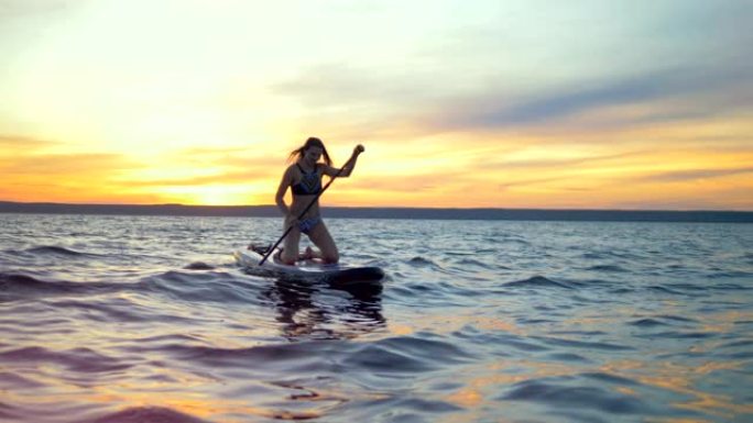 快乐的女人漂浮在冲浪板上。专业冲浪者晚上骑冲浪板。