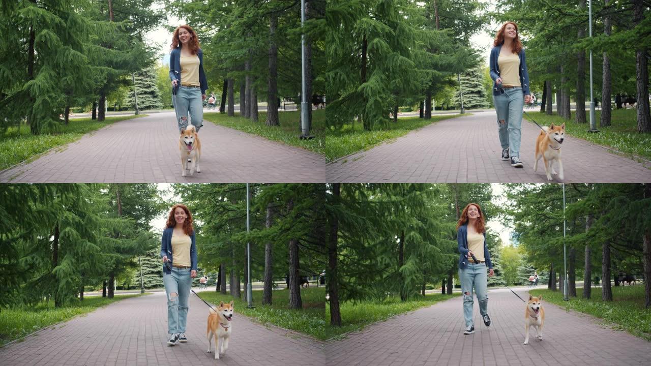 慢动作多莉拍摄美丽的女孩在绿色公园散步良种小狗