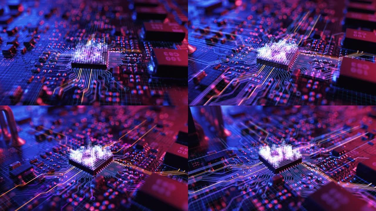 霓虹灯主题可视化电路板CPU处理器启动数字化过程和信息计算，处理数据的位。计算机图形学、特殊视觉效果