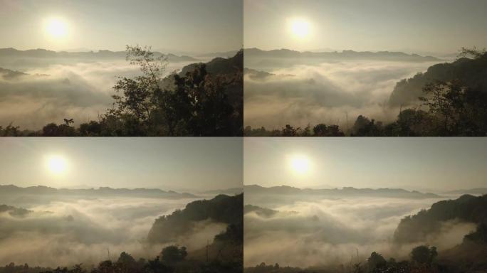 雾的鸟瞰图流过泰国北部的雨林山