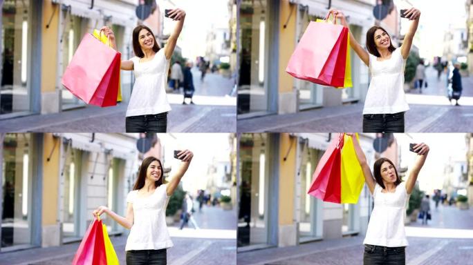 一个美丽的女人在购物后发送消息，并对他们在期间余额中的购买感到非常高兴。
