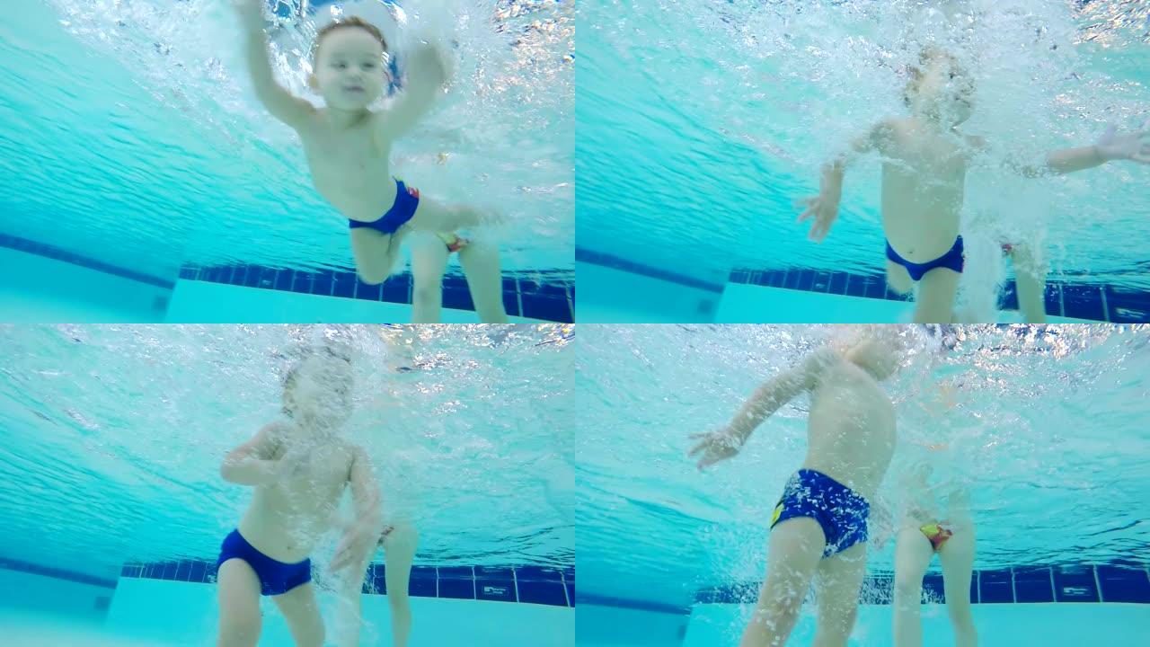 儿童学习游泳的水下镜头