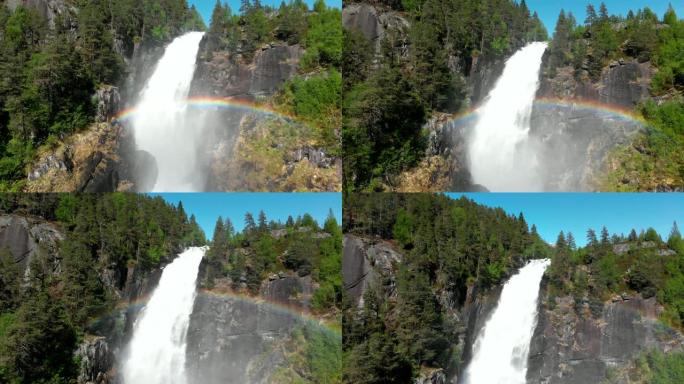 挪威Latefossen瀑布。在一股落水之前，可以看到美丽的彩虹。空中射击，4K