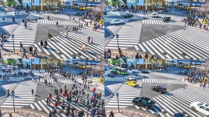 4K，日本东京银座区十字路口的延时交通和人群