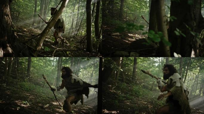 穿着动物皮的原始穴居人拿着石头尖的长矛环顾四周，探索史前森林寻找动物猎物。尼安德特人去丛林打猎
