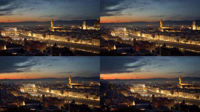 意大利佛罗伦萨。日落之后的夜城全景。在这张全景中可以看到佛罗伦萨大教堂，托雷·迪·阿诺尔福塔，横跨阿