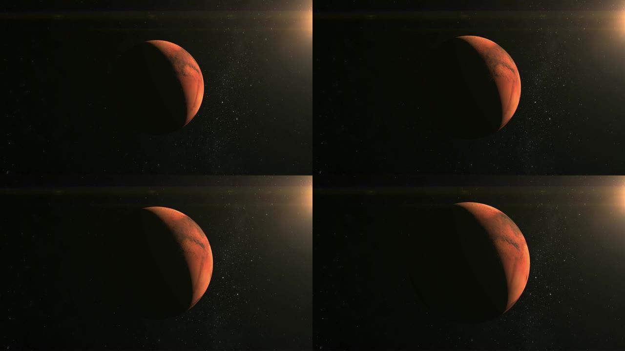 火星行星。从太空看。火星缓慢旋转。这颗行星被太阳照亮了。星星闪烁。4K。摄像机正在接近地球。