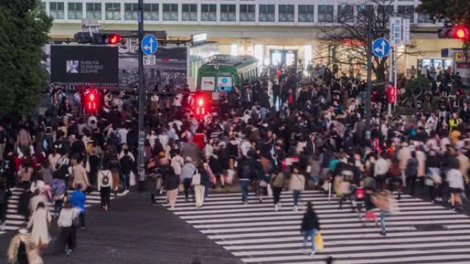 4k分辨率延时拥挤的涩谷人穿越东京市，日本著名的地方，东京旅游景点地标，亚洲城市生活方式