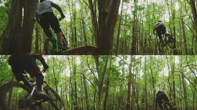 山地自行车手以慢动作跳高到空中